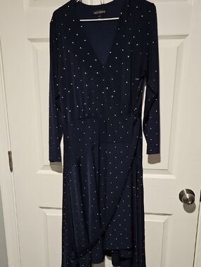 Occasion Navy True Wrap Long Sleeve Dress with Silver Studs